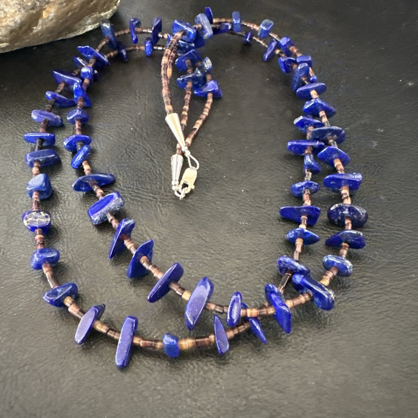 Blue Lapis Lazuli Shell Multi Strand Navajo Sterling Silver Necklace 21" 19722