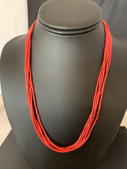 Red Coral Stabilized Heishi 5 Strand Sterling Silver Necklace 20” 2207