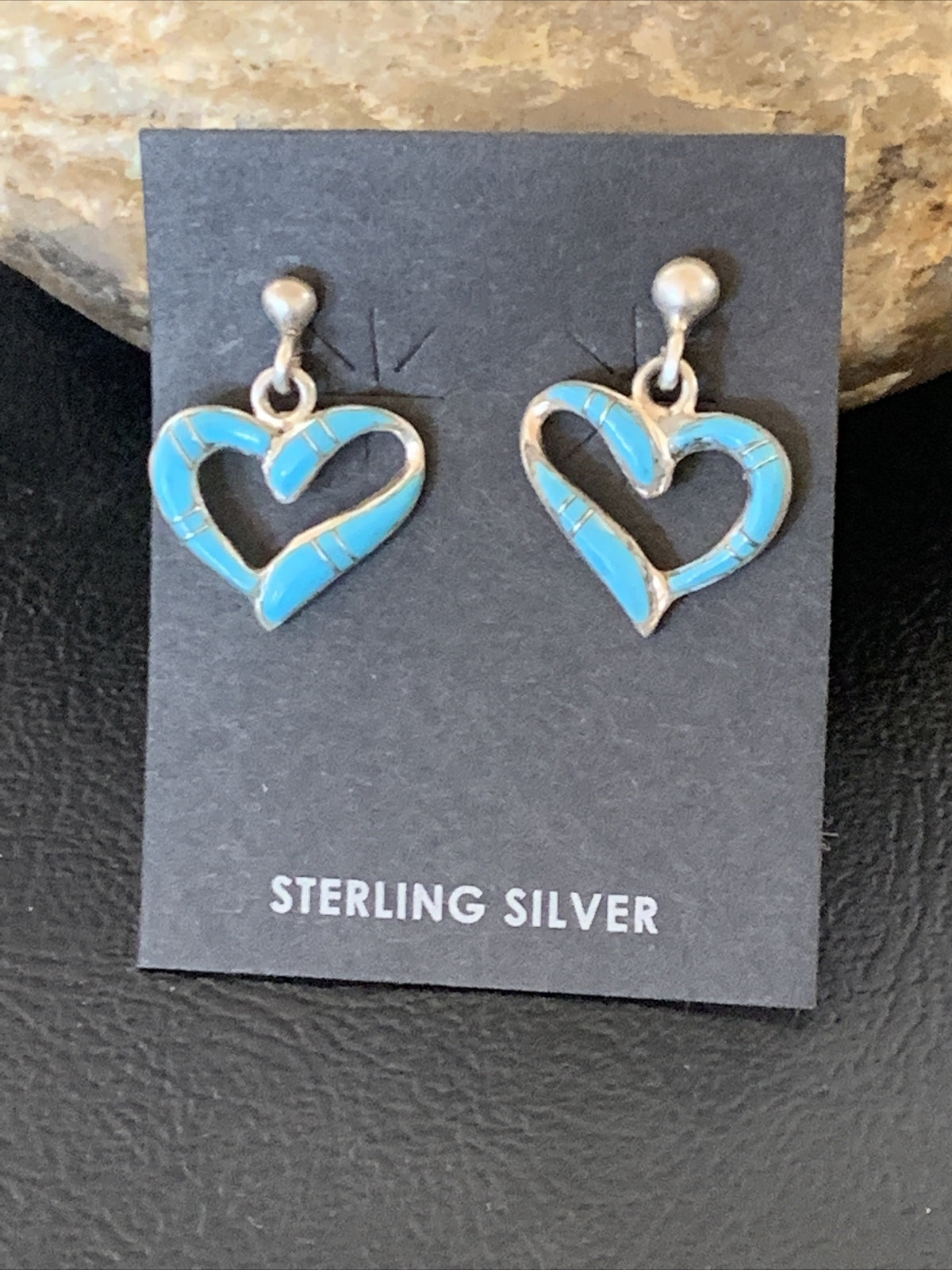Blue Turquoise Heart Navajo Sterling Silver Dangle Post Earrings 0.5" 12714