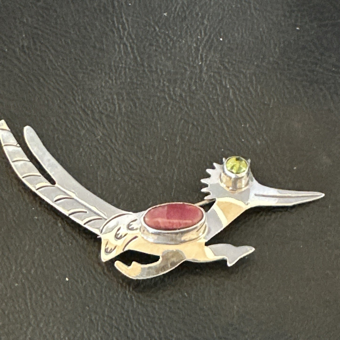 Road Runner Spiny Peridot Navajo Sterling Silver Stamped Pin Brooch 3” 19089