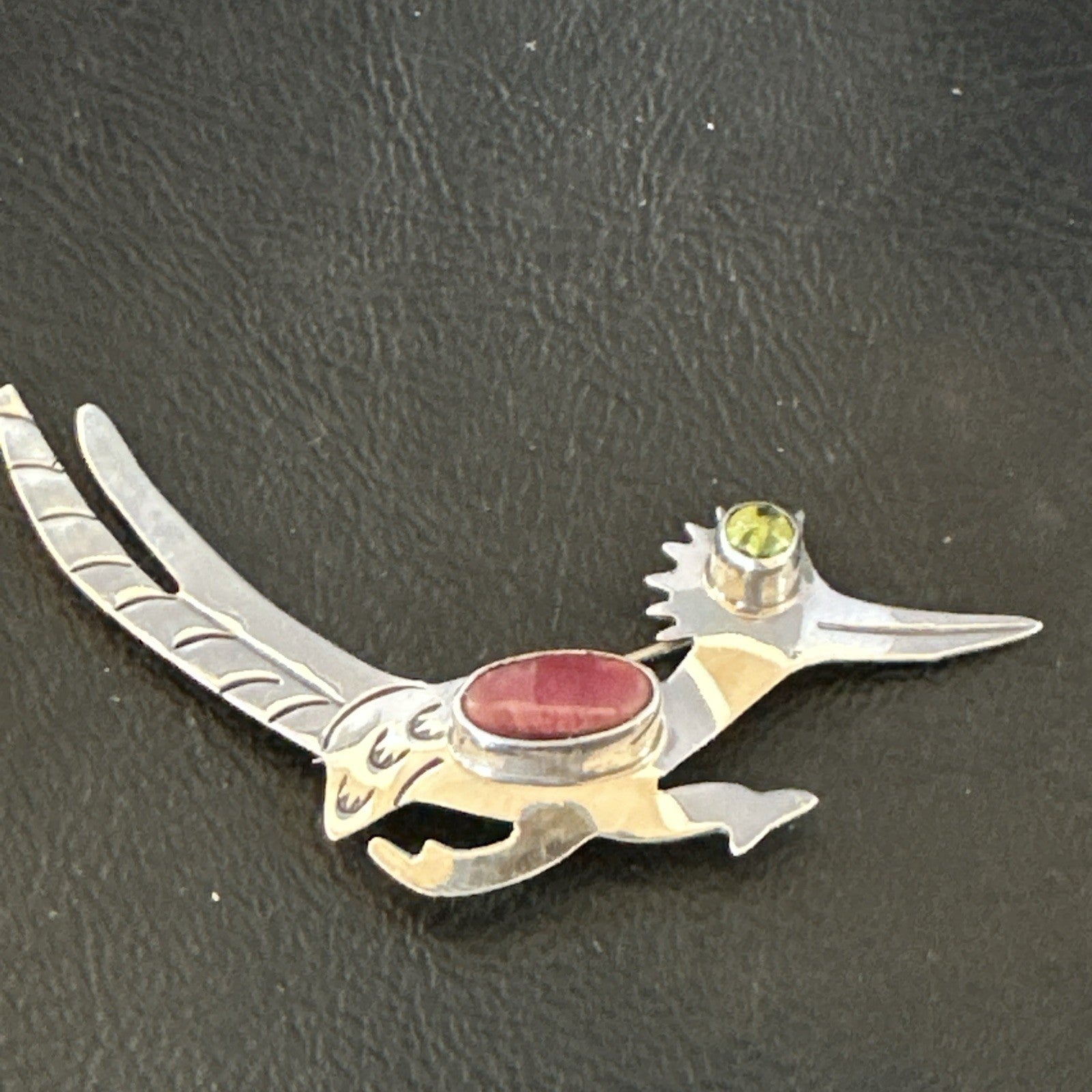 Road Runner Spiny Peridot Navajo Sterling Silver Stamped Pin Brooch 3” 19089