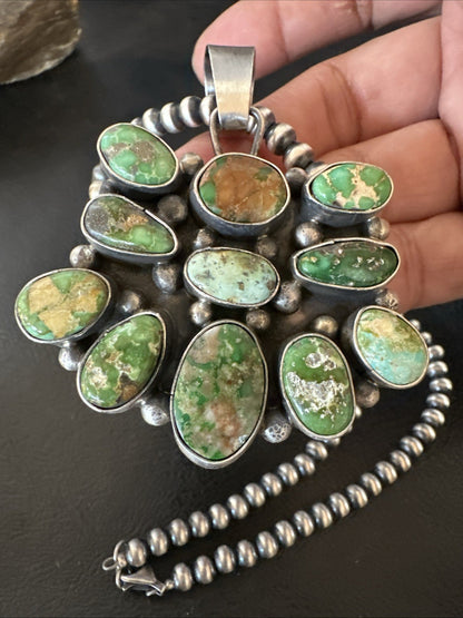 Green Sonoran Gold Turquoise Navajo Sterling Silver Cluster Pendant 19300