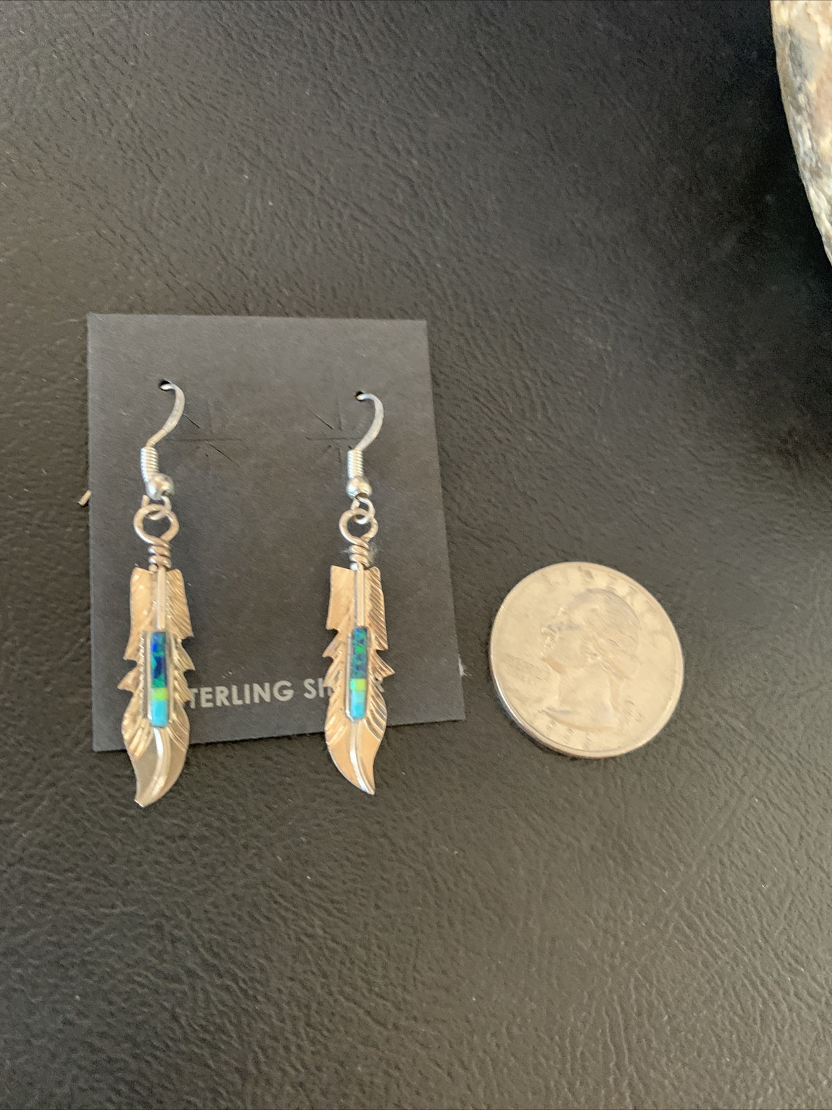 Blue Turquoise Sterling Silver Navajo Handmade Inlay Feather Earrings 13086