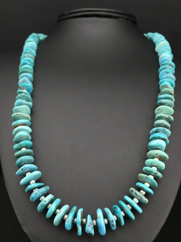 Blue Turquoise Graduated Navajo Pearls Necklace 23" | Sterling Silver | Authentic Native American Handmade | 01348