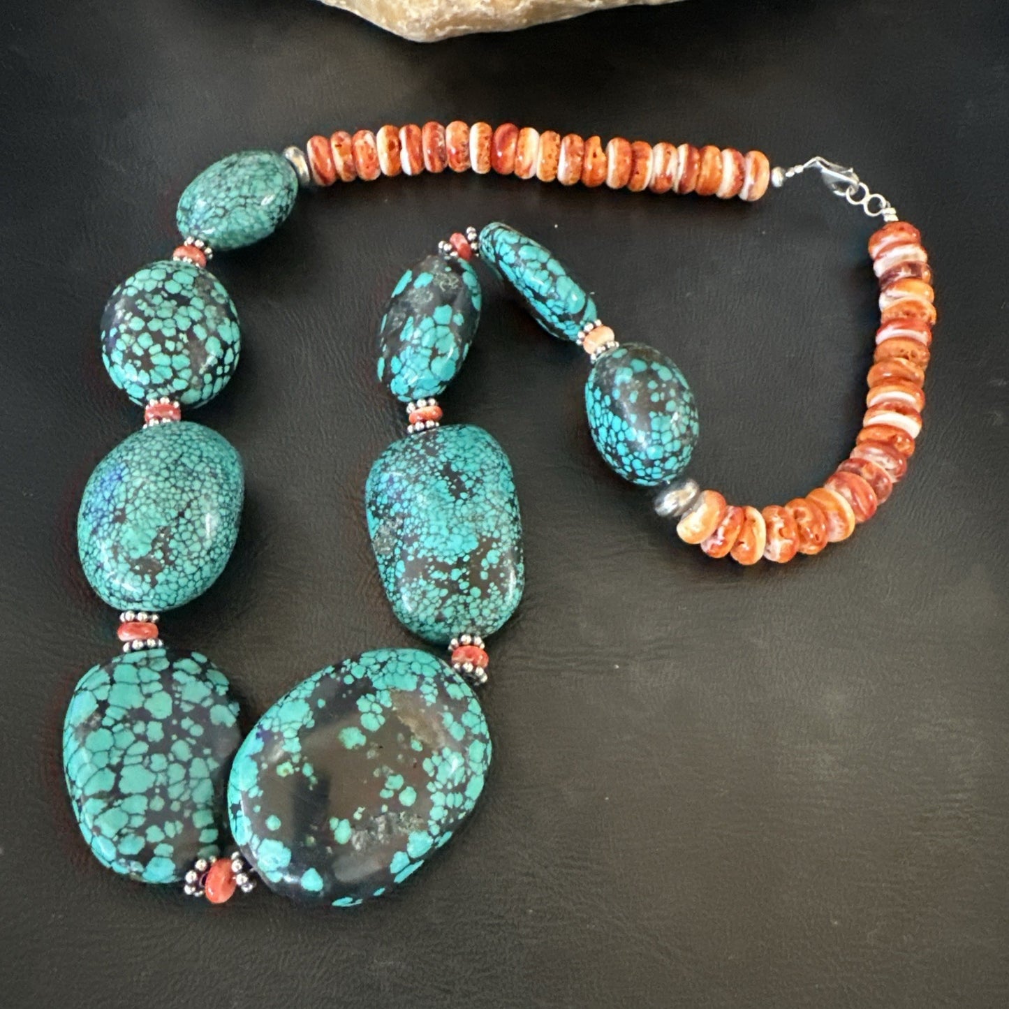 Blue Turquoise Red Spiny Chunky Navajo Sterling Silver Necklace 22” 19248
