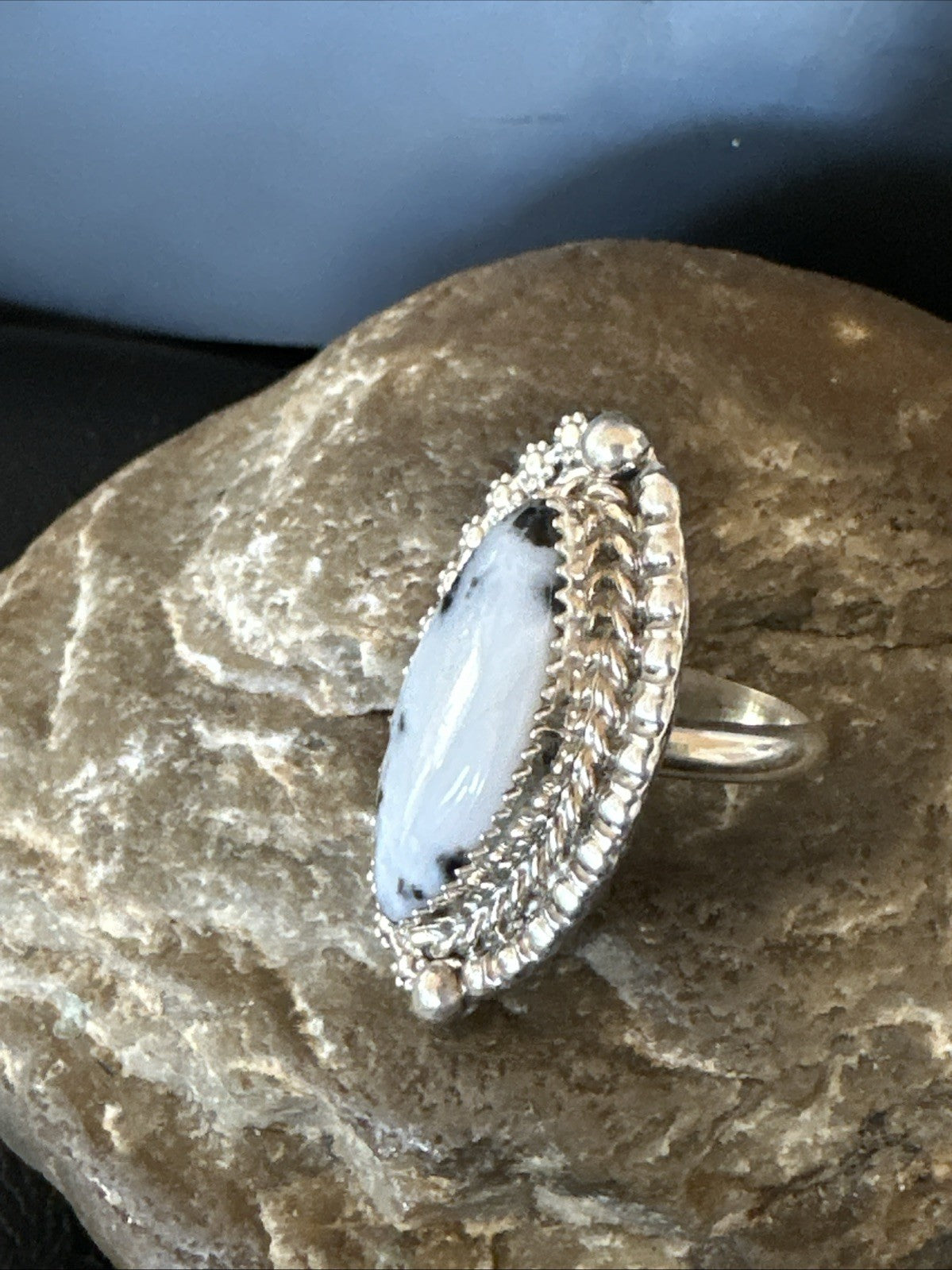 Black White Buffalo Turquoise Navajo Sterling Silver Ring Size 6.5 19804