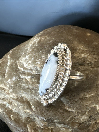 Black White Buffalo Turquoise Navajo Sterling Silver Ring Size 6.5 19804