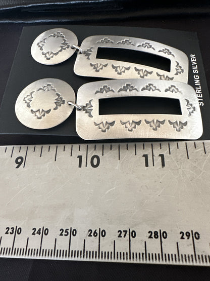 Popular Navajo Stamped Sterling Silver Stamped Handmade Earrings  2.75" 17859