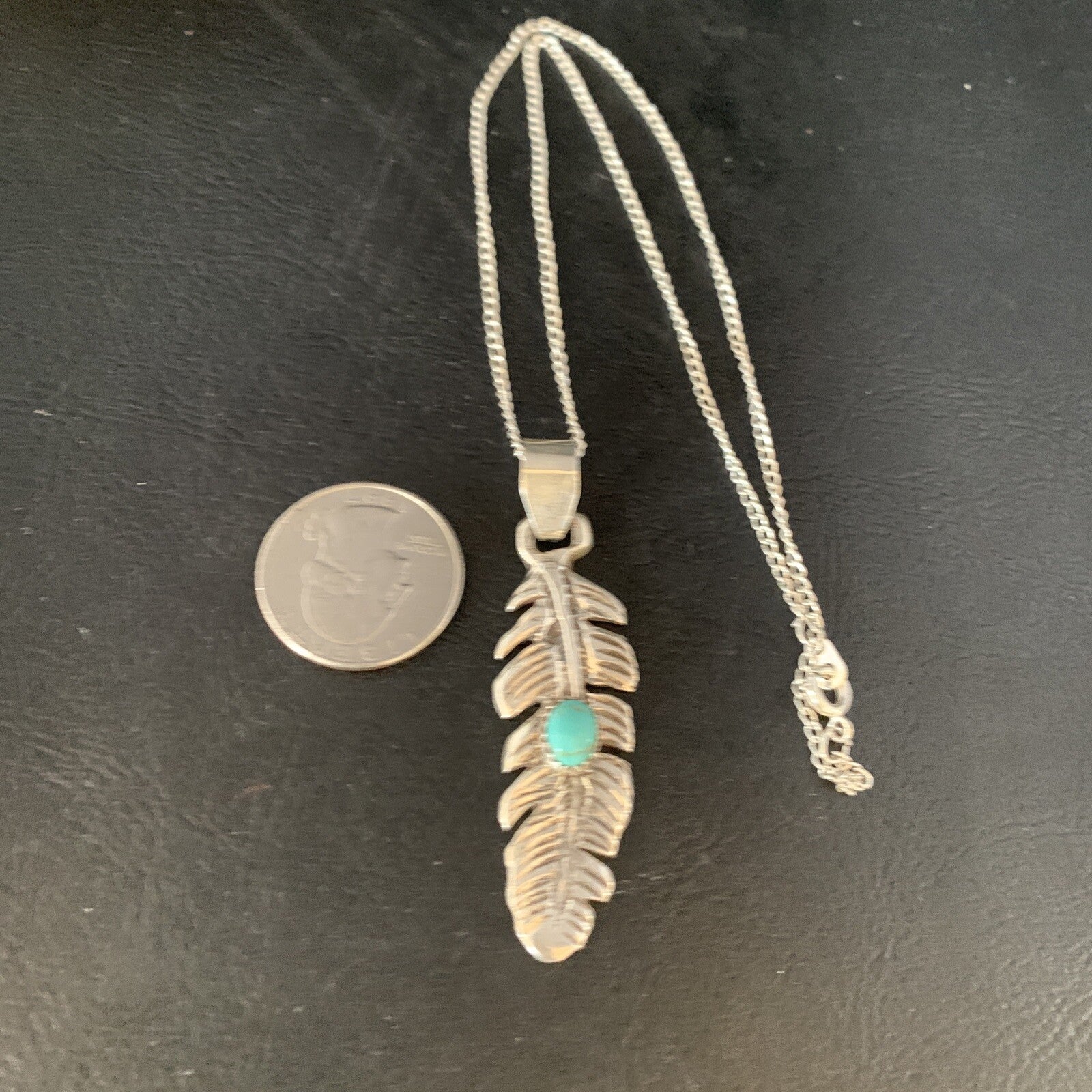 Womens Navajo Blue Turquois Sterling 16" Necklace Feather Pendant 13686