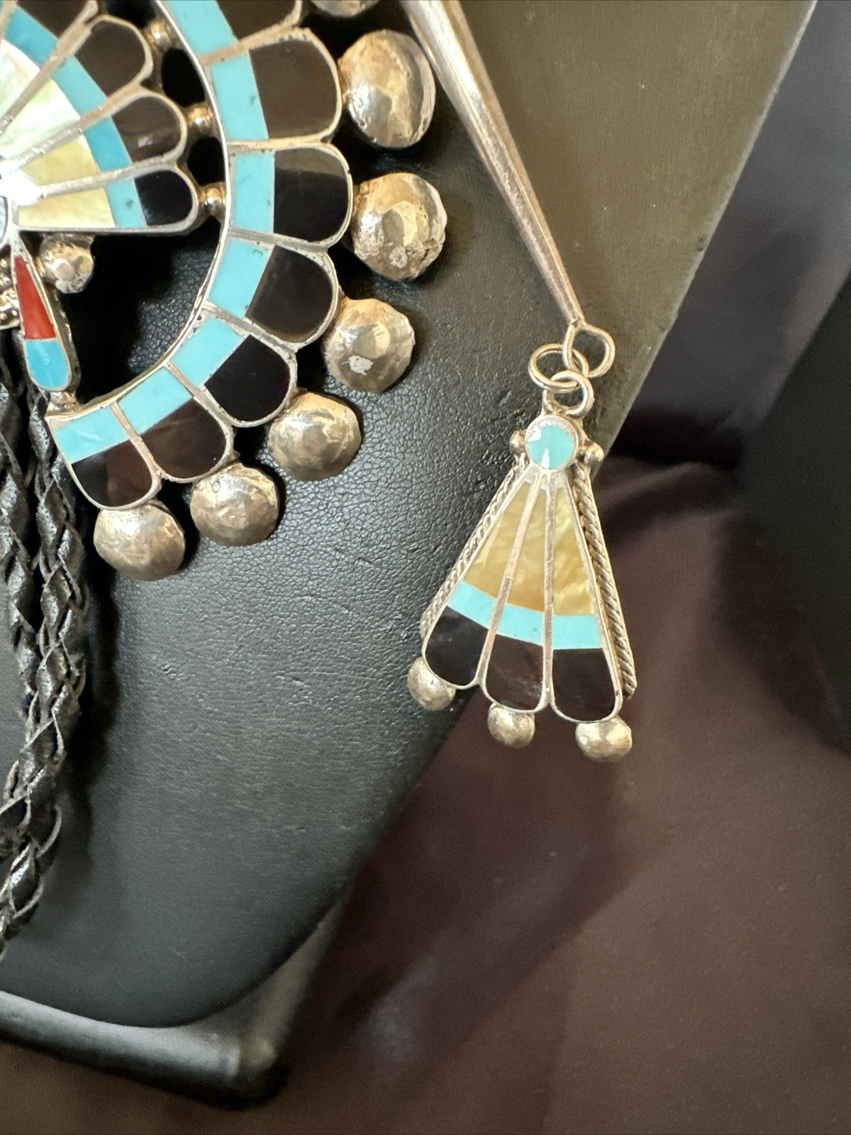 Mens Bolo Tie Zuni Sunface Kingman Turquoise Onyx Inlay Sterling Silver 18142