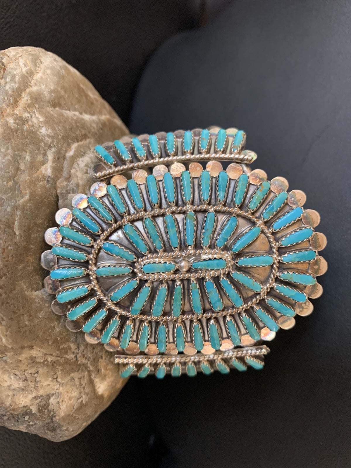 Blue Turquoise Zuni Sterling Silver Cluster Cuff Bracelet 12333