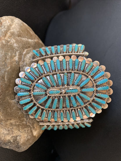 Blue Turquoise Zuni Sterling Silver Cluster Cuff Bracelet 12333