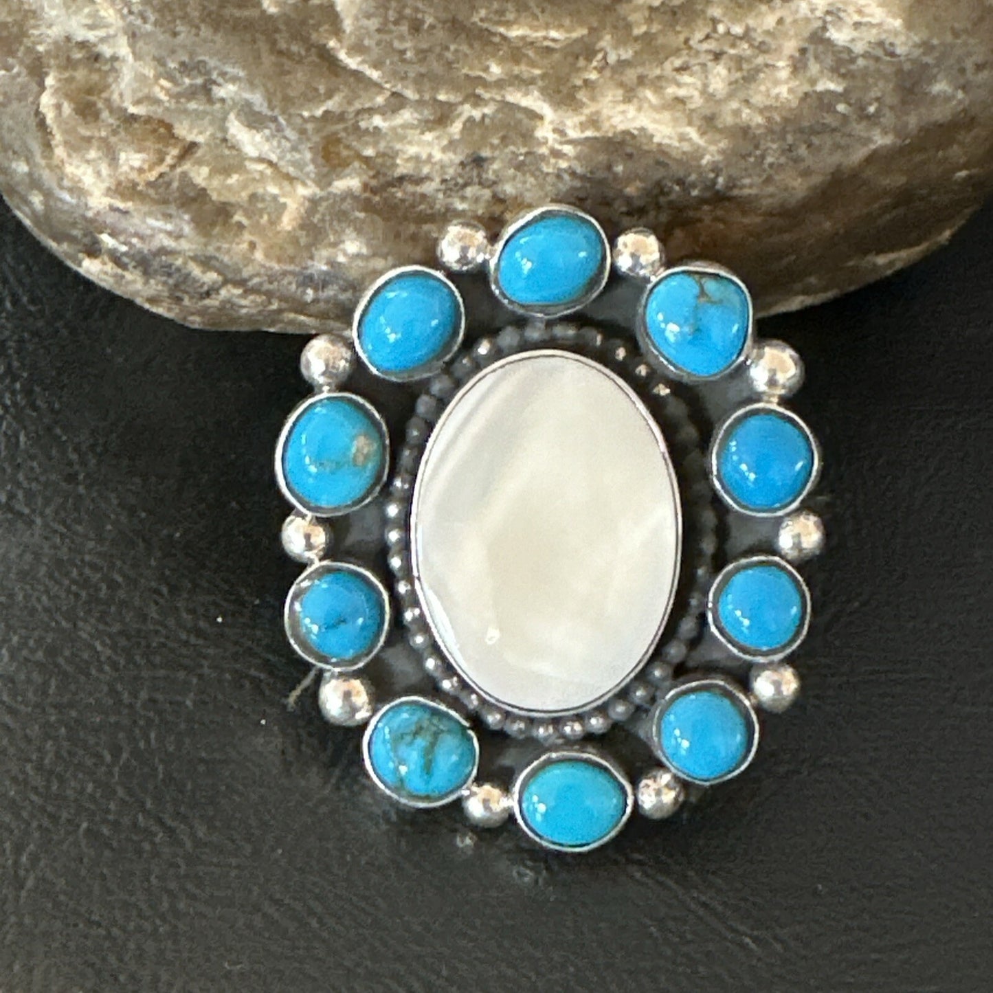 Blue Kingman Turquoise MOP Navajo Sterling Silver Cluster Ring Size 10 18395