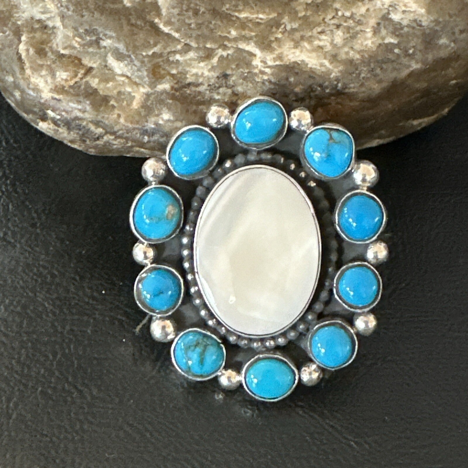 Blue Kingman Turquoise MOP Navajo Sterling Silver Cluster Ring Size 10 18395