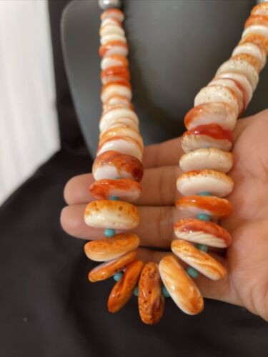 Navajo Turquoise & Orange Spiny Oyster Necklace Graduated 22" 10587