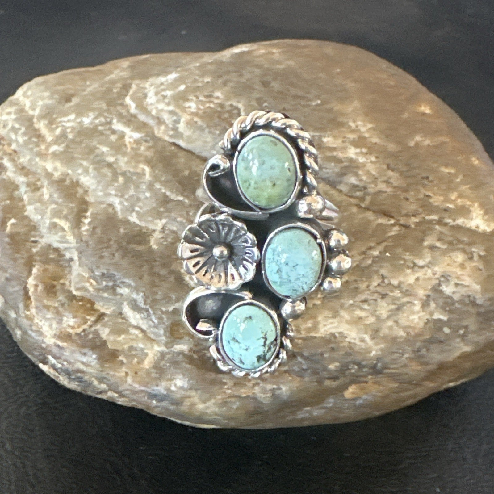 Blue Green Turquoise Navajo Sterling Silver Cluster Ring Size 8.5 19080