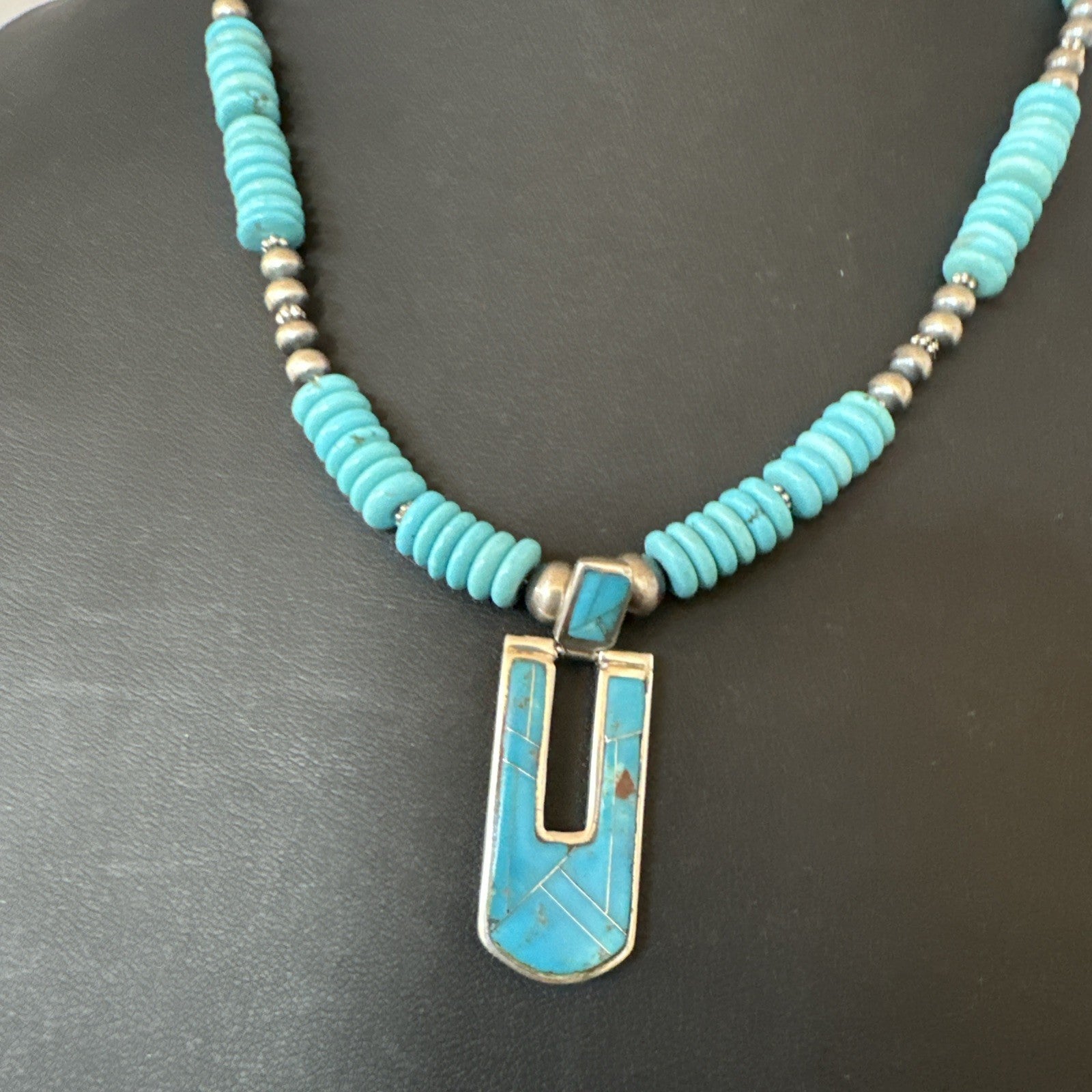 Blue Turquoise Inlay Pendant Navajo Sterling Silver Necklace 20" 19712