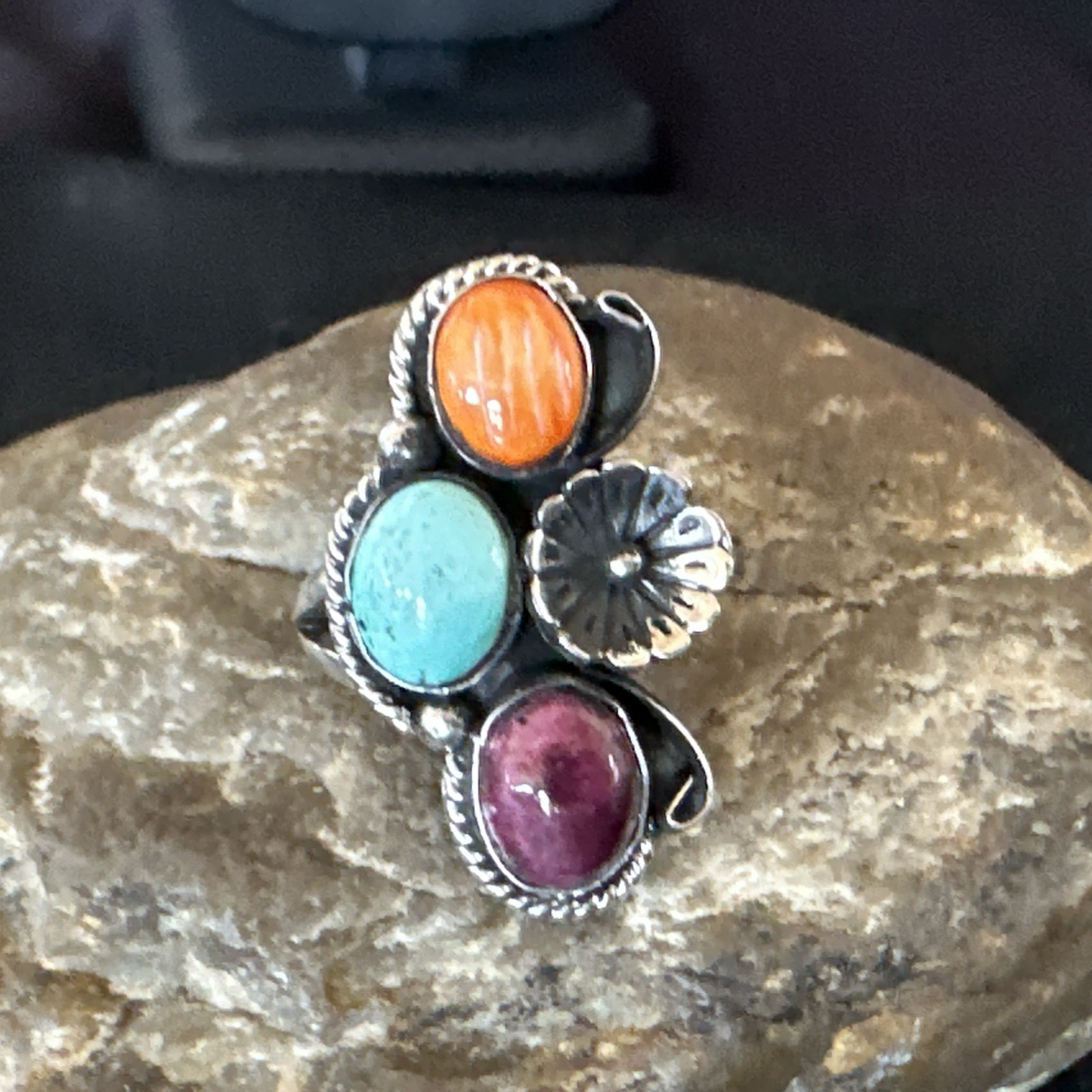Multicolor Ring Turquoise Spiny Navajo Sterling Silver Cluster Size 7 19178