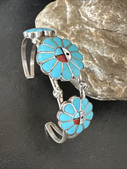Blue Turquoise Coral MOP Zuni Sterling Silver Inlay Sunface Cuff Bracelet 18873
