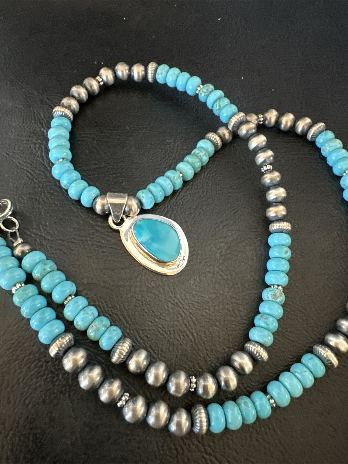 Mens Blue Kingman Turquoise Pendant Navajo Sterling Silver Necklace 21" 18382