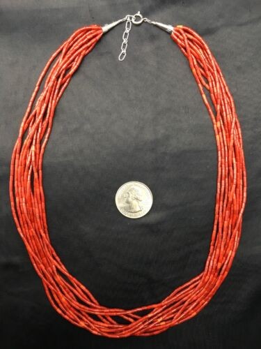 Native American Red Coral Navajo Necklace Sterling Silver 10 Strand 4387