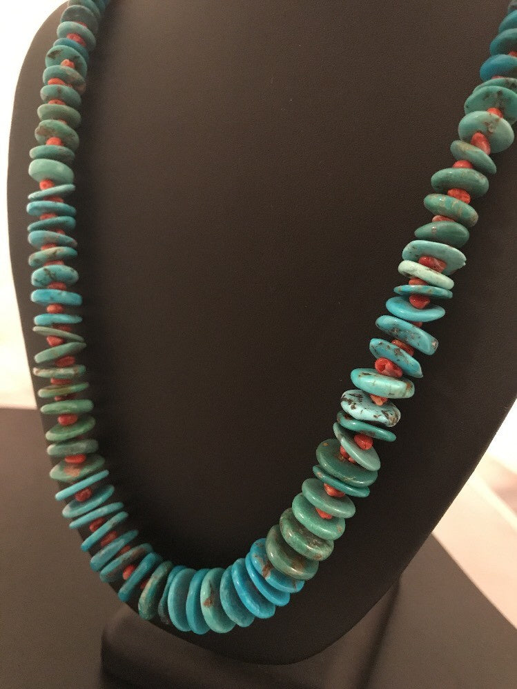 Kingman Turquoise Navajo Sterling Silver Spiny Necklace 32” 3684