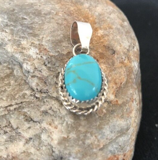 Blue Turquoise Navajo Pendant 1" | Sterling Silver | Authentic Native American Handmade | 03162
