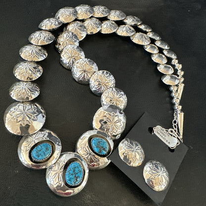 Kingman Turquoise Pillow Bead Navajo Sterling Silver Necklace Earrings 24" 17768