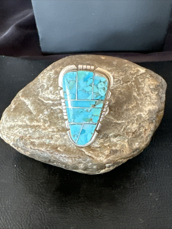 Blue Turquoise Navajo Inlay Ring Size 11 | Sterling Silver | Authentic Native American Handmade | 19782