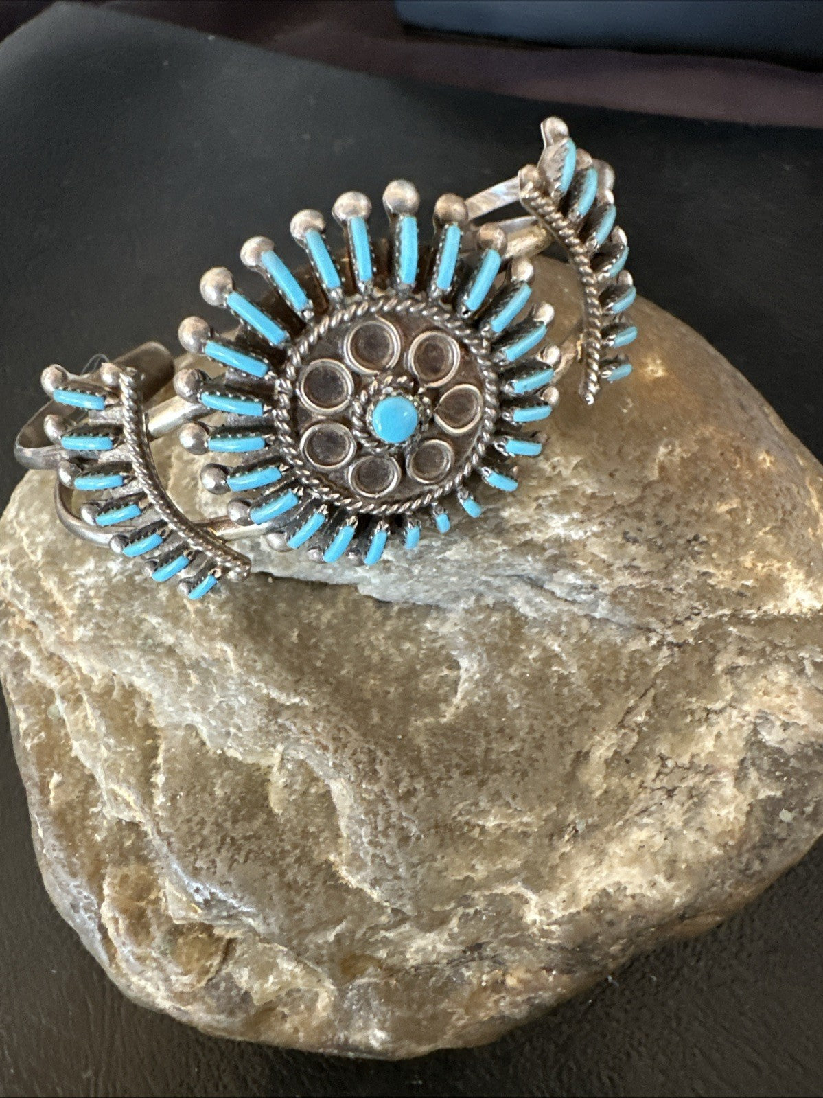 Blue Turquoise Native American Zuni Sterling Silver Cluster Cuff Bracelet 12151