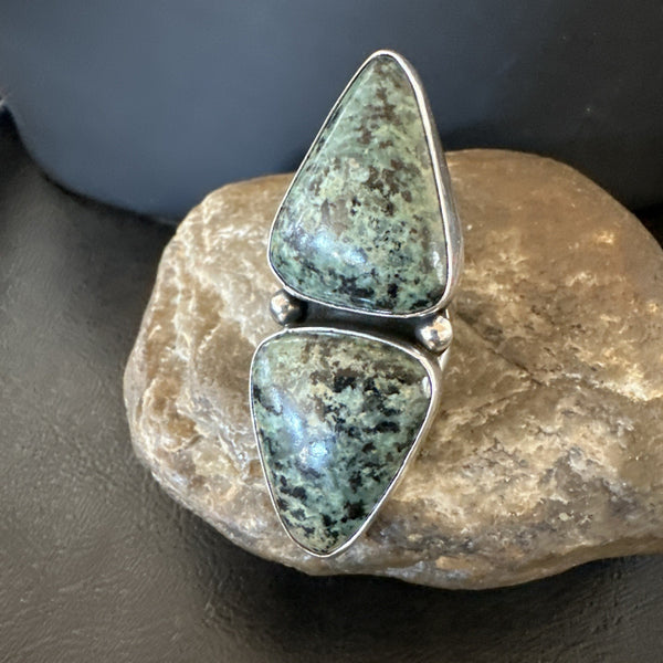 H Joe Women's Navajo Green Turquoise Ring 2 Stone Size 7 | Sterling Silver | Authentic Native American Handmade | 19359