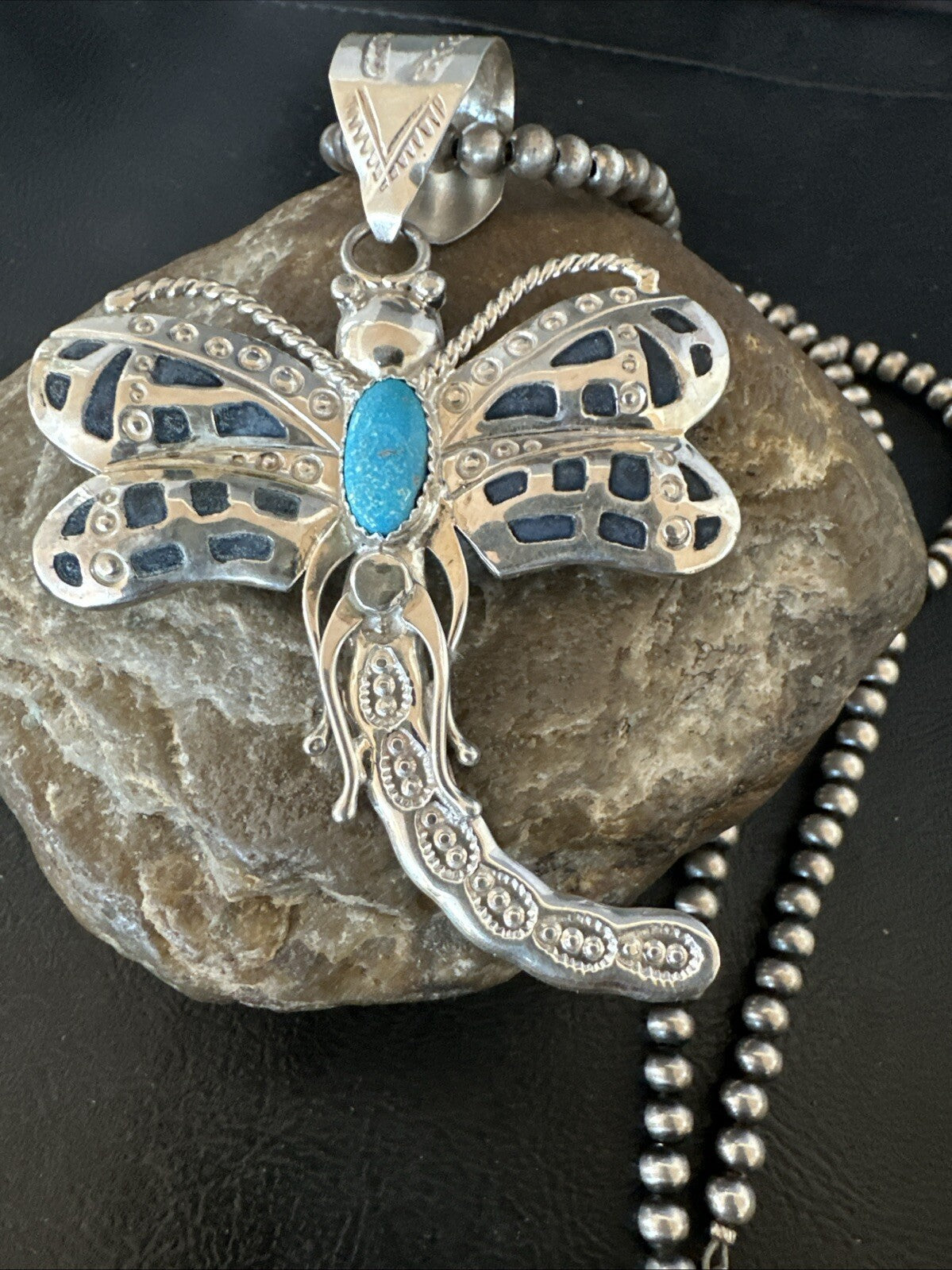 Navajo Dragonfly Blue Turquoise Sterling Silver Necklace Pendant 3" 18579
