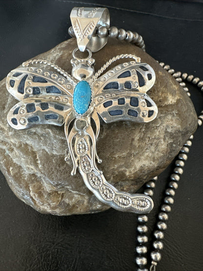 Navajo Dragonfly Blue Turquoise Sterling Silver Necklace Pendant 3" 18579