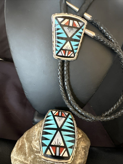 Zuni  Mens BoloTie Belt Buckle Ranger Set Turquoise Coral Sterling Silver 19155