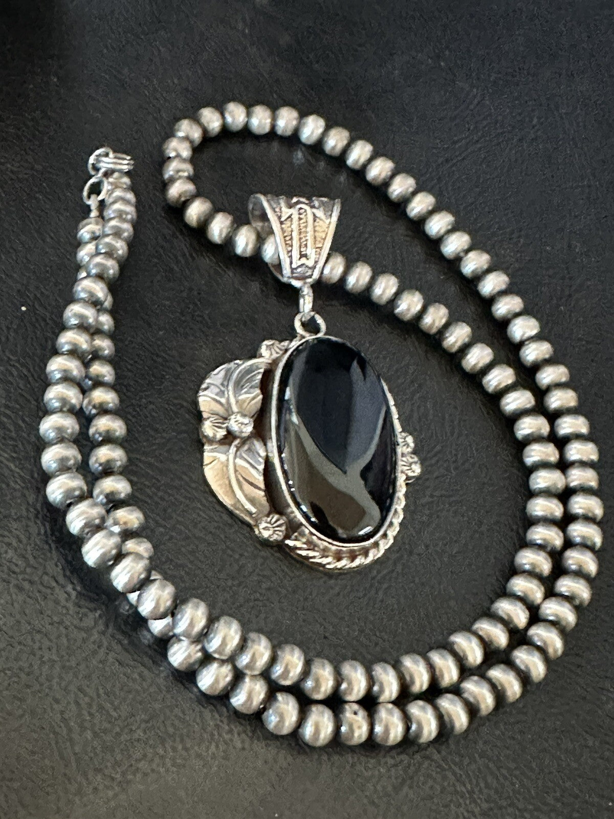 Mens Womens Black Onyx Pendant Navajo Sterling Silver Beads Necklace 18314