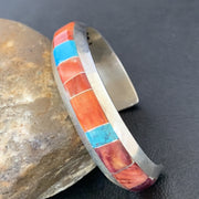 Men's Red Spiny Turquoise Navajo Inlay Bracelet | Sterling Silver | Authentic Native American Handmade | 1647