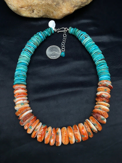 Spiny Oyster & Turquoise Graduated Sterling Silver Necklace 17" 03004