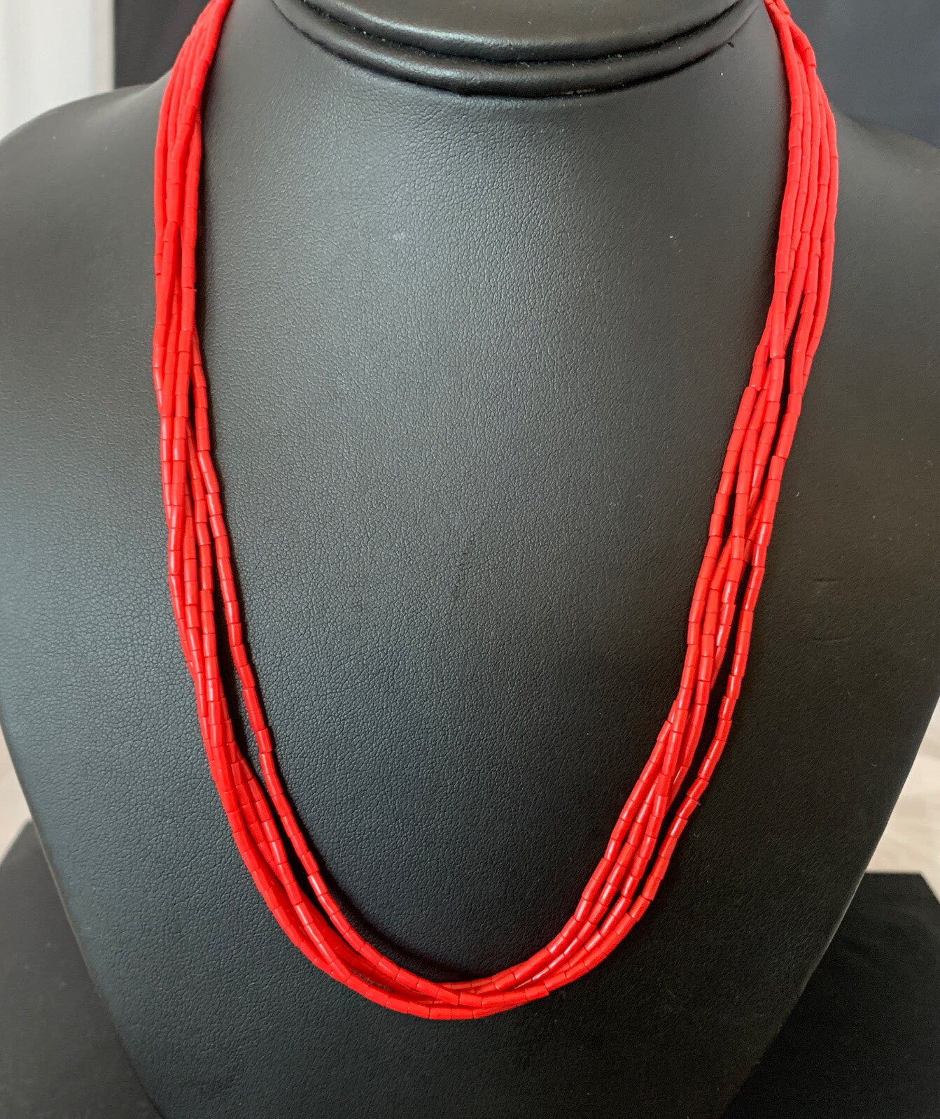 Red Coral Stabilized Heishi 5 Strand Sterling Silver Necklace 20” 2207