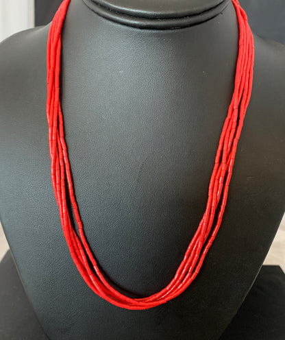 Red Coral Stabilized Heishi 5 Strand Sterling Silver Necklace 20” 2207