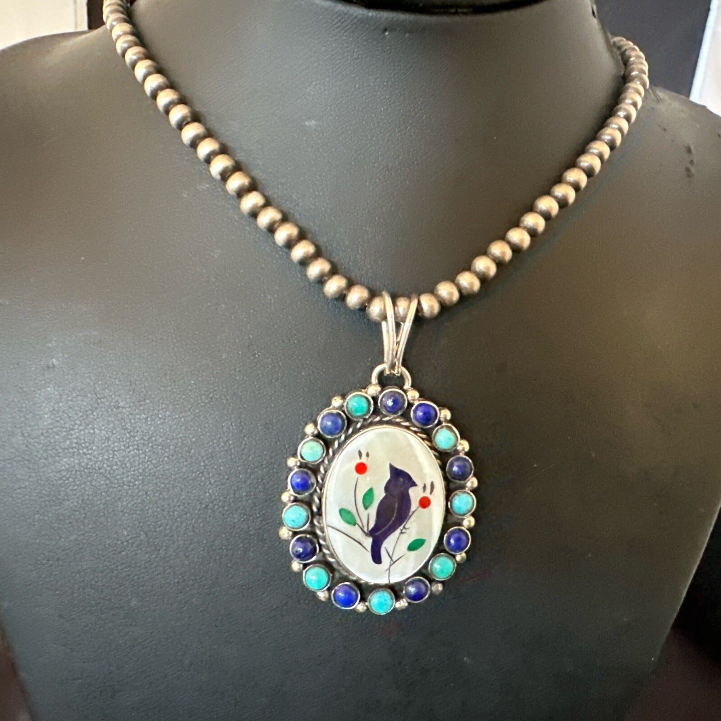 Blue Turquoise Black Onyx Inlay Pendant Sterling Silver Necklace 20�17926