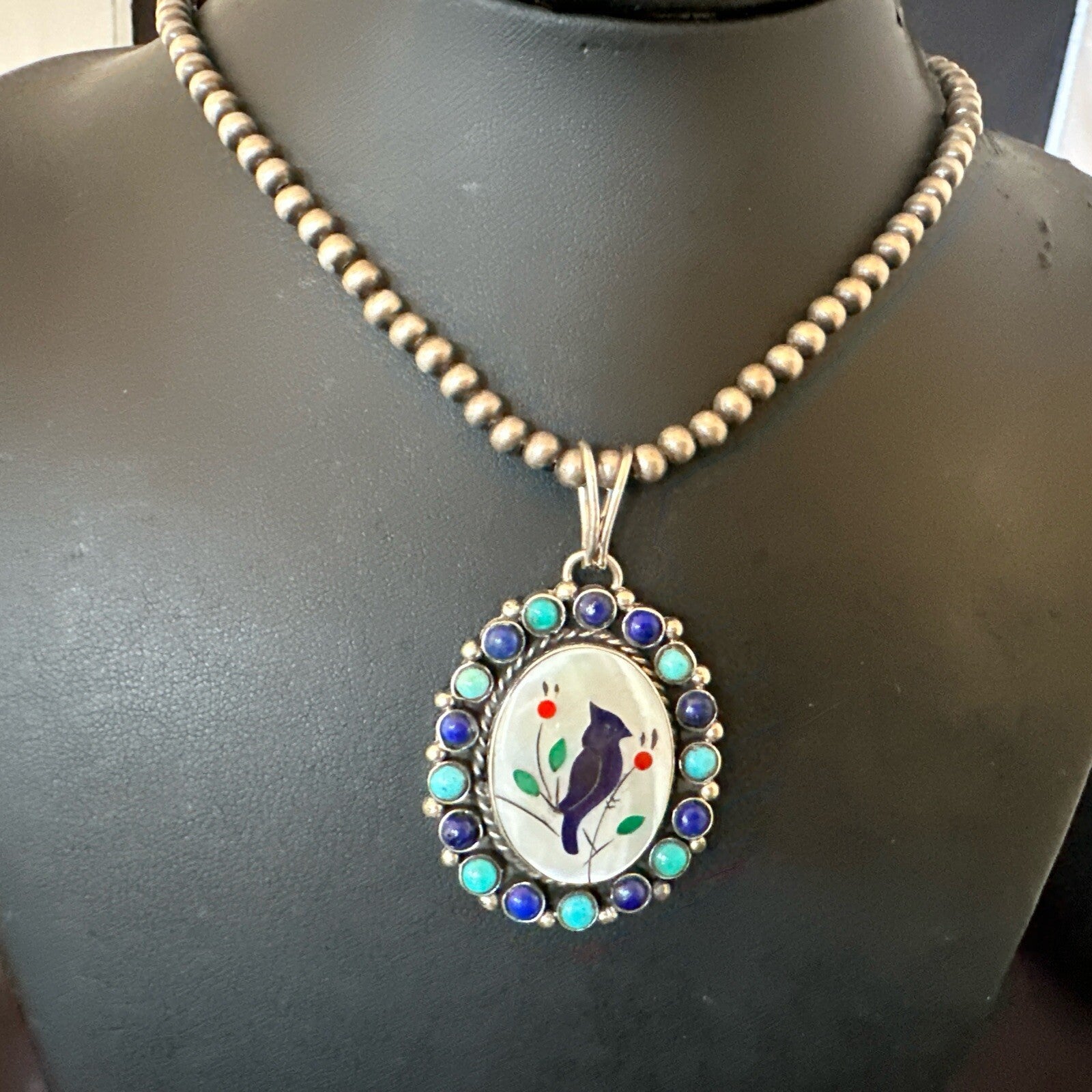 Blue Turquoise Black Onyx Inlay Pendant Sterling Silver Necklace 20�17926