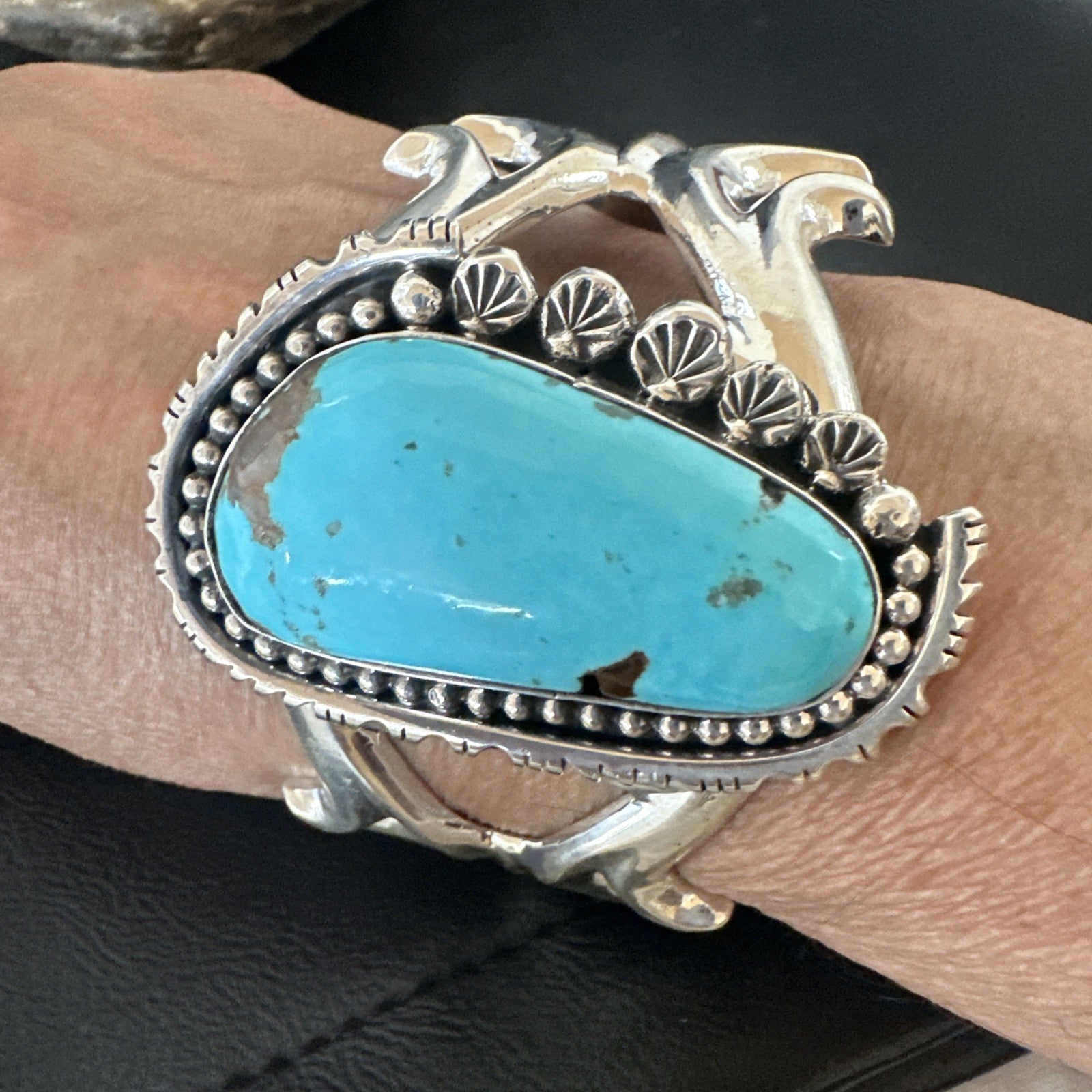 Mens Blue Kingman Turquoise Navajo Sterling Silver Cuff Bracelet 19348