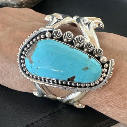 Mens Blue Kingman Turquoise Navajo Sterling Silver Cuff Bracelet 19348