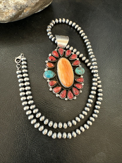 Multicolor Turquoise Spiny Navajo Sterling Silver Cluster Pendant Necklace 19564