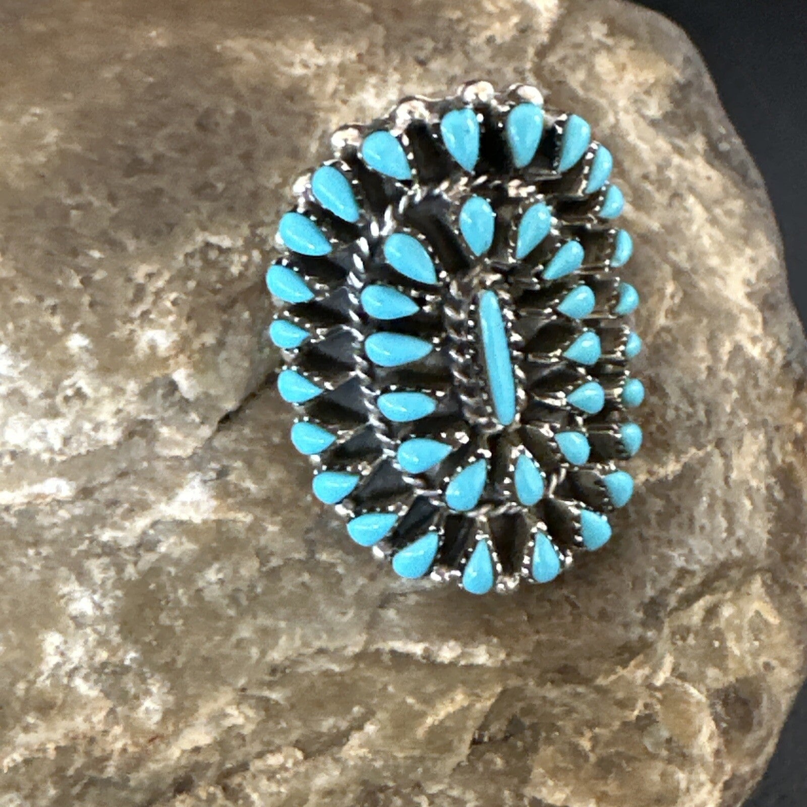 Blue Turquoise Navajo Sterling Silver Cluster Ring Adjustable Size 7 15706