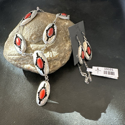 Old Native Navajo Red Coral Sterling Silver Shadowbox Necklace Earrings 18”19101