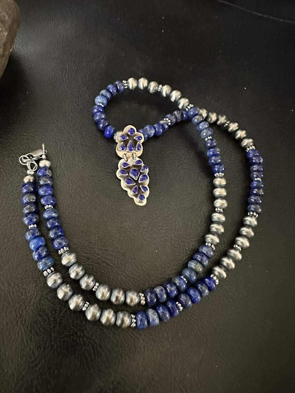 Mens Womens Blue Lapis Navajo Sterling Silver Cluster Pendant Necklace 21”18340