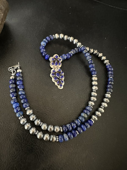 Mens Womens Blue Lapis Navajo Sterling Silver Cluster Pendant Necklace 21”18340