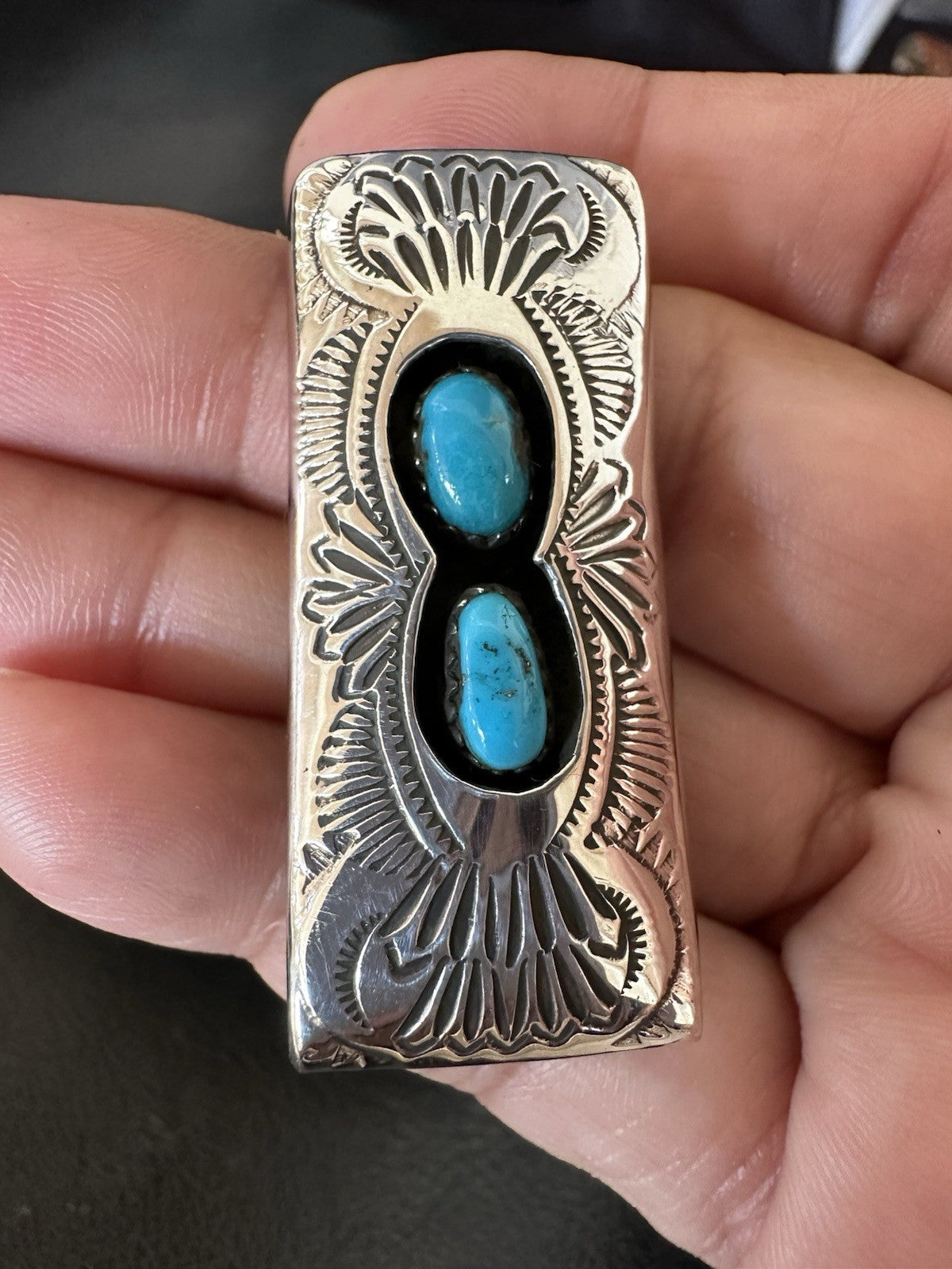 Mens Blue Turquoise Navajo Stainless Stamped Silver Money Clip 19366