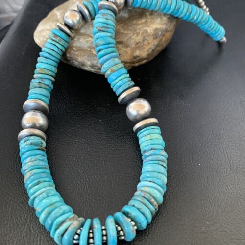 Navajo Blue Turquoise Sterling Silver Necklace Graduated 22" 13399